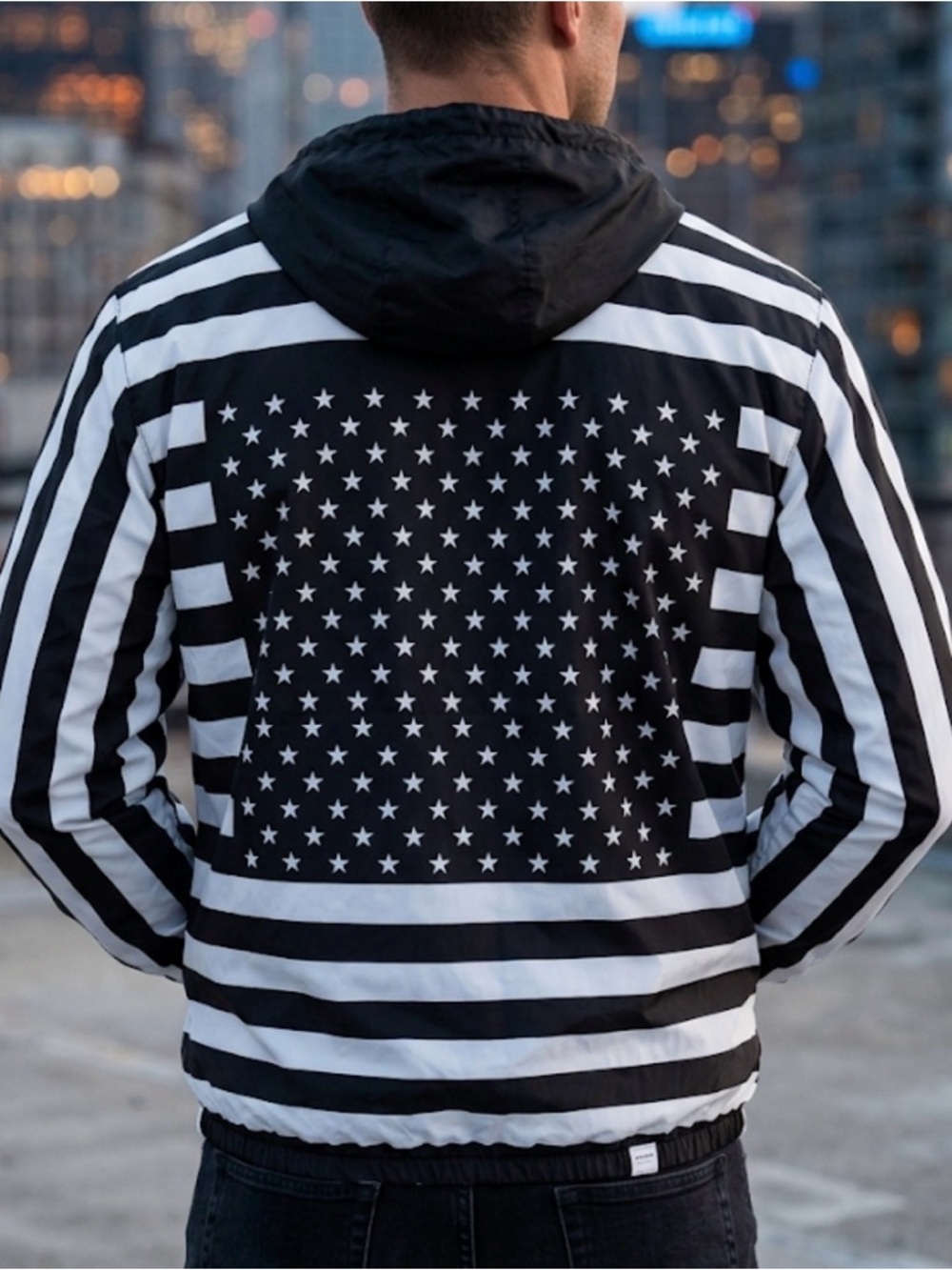 Presidential Fits Flag Windbreaker Jacket Mens Large L Black White Stars Stripes